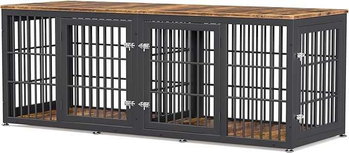 78 Inch Double Dog Crate Furniture, Heavy Duty Extra Large Cage Furniture with Divider for 2 Dogs, Decorative Wooden Kennel Furniture Indoor, Metal Pet House for Large and Medium Dogs