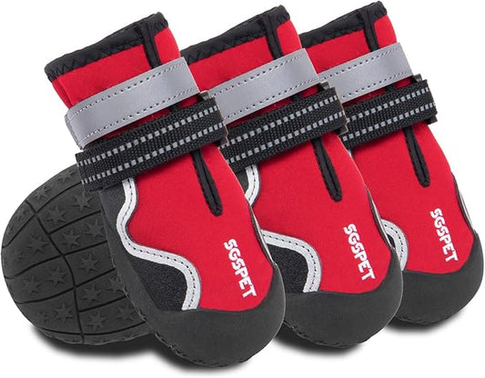 Dog Shoes, Waterproof Dog Boots & Paw Protectors with Anti-Slip Sole, 4pcs/Set Pet Dog Booties, Reflective Dog Shoes for Small Medium Large, Winter Snowy Summer Hot Pavement (Red, 5# (M))