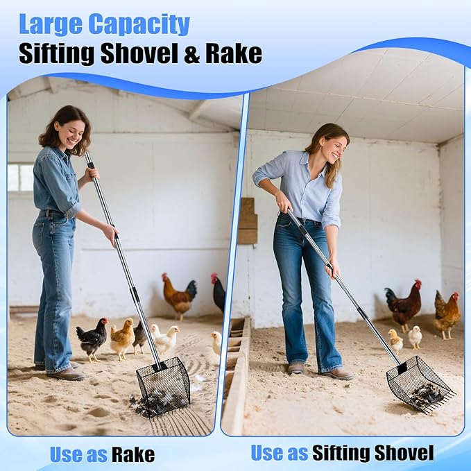 CAROD Chicken Poop Scooper & Rake 2-in-1, Metal Chicken Coop Scoop for Poop with 24 to 68" Adjustable Stainless Steel Handle, Litter Scooper Sand Sifting Shovel Chicken Coops/Animals House