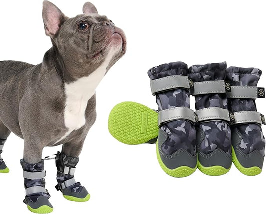 Spark Paws Dog Shoes, Waterproof Dog Boots for Medium to Large Dogs, Non Slip, Breathable Dog Booties and Paw Protectors - 4PCS Doggie Hiking Boots with Reflective Straps, Gray Camo, Size 1