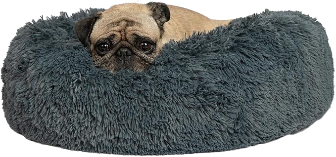 Best Pet Supplies Round Donut Dog Bed with Plush Faux Fur Fabric, Calming, Anti-Anxiety Cushion for Indoor Pets, Slip-Resistant Base, Soft Ergonomic Support - Gray, 24x24x7''