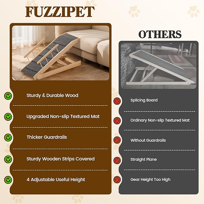 Dog Ramp for Bed, 47" Long Non-Slip Portable Pet Ramp for Small Large Dogs, Wooden Adjustable Dog Ramps for Bed, Couch, Car -Non Slip Carpet Surface and Foot Pads, Height from 12" to 24", Up to 200LBS