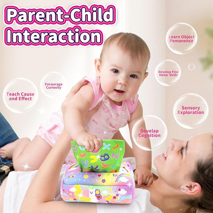 Baby Toys 6 to 12 Months - Tissue Box Toy, Tissue Learning Toys with Alphabet Number Color Sound, Baby Sensory Toy Gifts for 6 9 12 18 Months Old