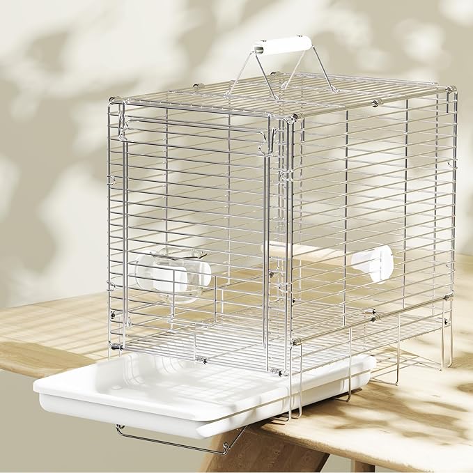 Bird Carrier Travel Cage - 304 Stainless Steel Portable Folding Bird Travel Cage with Parrot Feeder Cups & Standing Perch for Smaller Birds Conures Lovebird Cockatiel Parakeets (White)