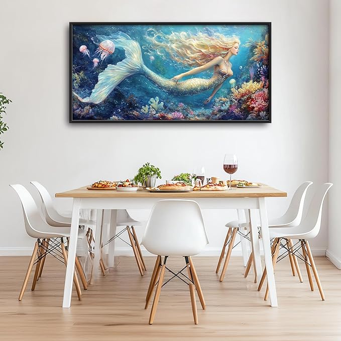 Extra Large Framed Mermaid Wall Art,Oversized Undersea Ocean Wall Decor,Colorful Coral Reefs Pictures for Living Room,Elegant Canvas Print Painting Modern Artwork Bedroom Bathroom 60L x 30W