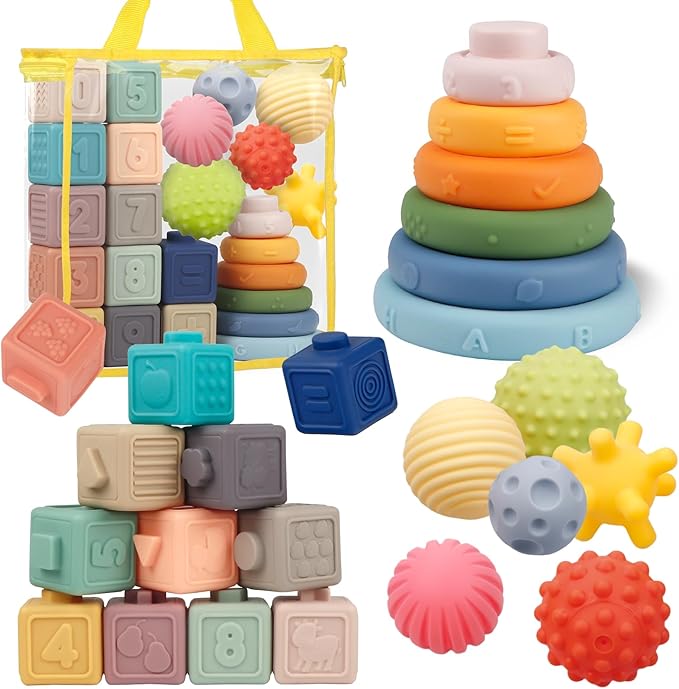 Montessori Toys for Babies,Soft Stacking Building Blocks Rings Balls Sets,3 in 1 Baby Toy Bundle,Sensory Toy for 6-12 Months, Soft Teething Toys for Babies,Baby Gifts for Boy Girl