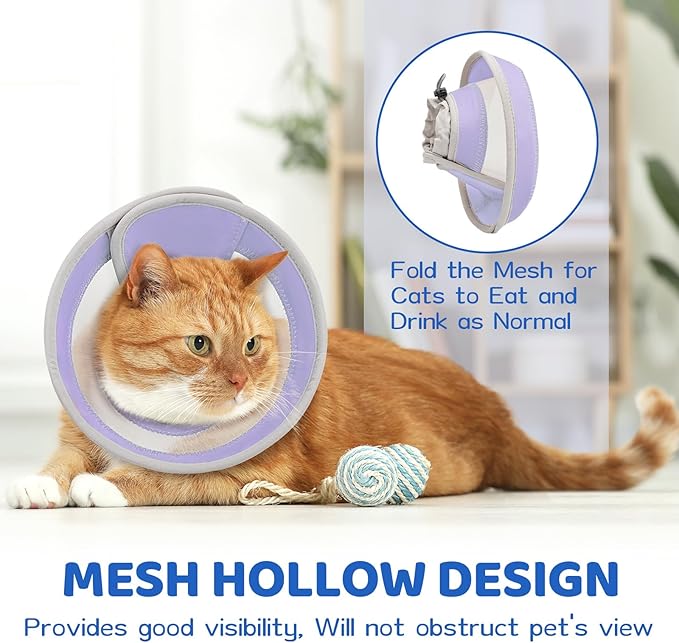 Breathable Air Mesh Cat Cone Collar Soft to Stop Licking, Adjustable, Foldable Lightweight Kitten Cones After Surgery Recovery for Cats & Kittens (Light Purple,L)