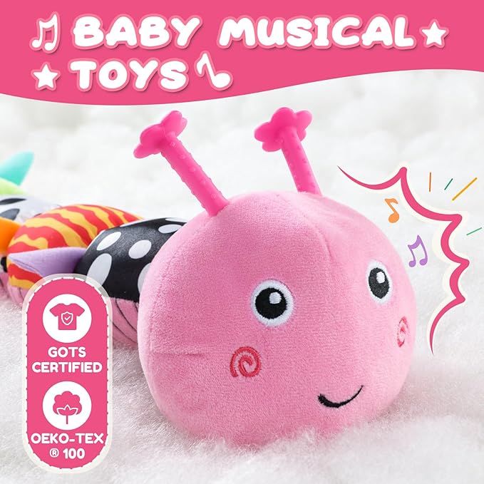 Baby Toys 0-6-12 Months,Musical Caterpillar Stuffed Animals Activity Infant Toys with Crinkle,Rattles,Mirror&Pull String,Muti-Sensory Toys Gifts for Newborn Tummy Time,Candy Pink|Leafy
