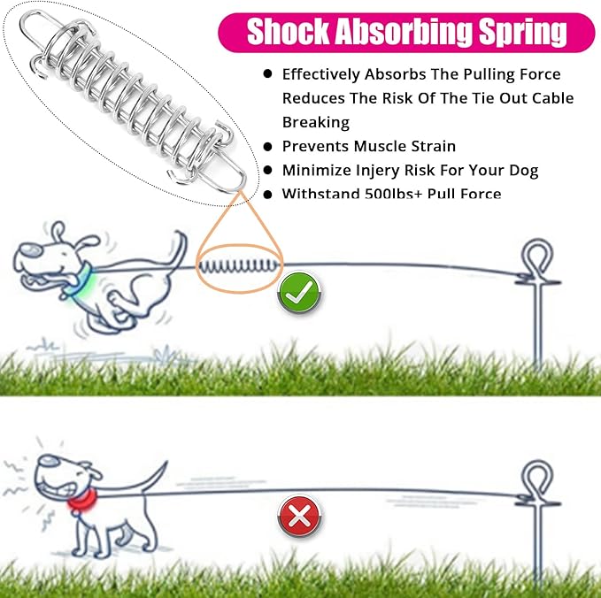 jenico Dog Tie Out Cable - 25ft Dog Lead for Yard - Heavy Duty Dog Chain with Shock Spring - Outdoor Tether Leash for Small Large Dogs Up to 500 lbs