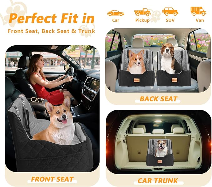 Dog Car Seat for Small/Medium Dogs Under 40lbs, Dog Booster Car Seats Memory Foam and Velvet, Detachable and Washable Pet Booster Carseats with Clip-On Satebelt and Storage Bag.(Black/Gray)