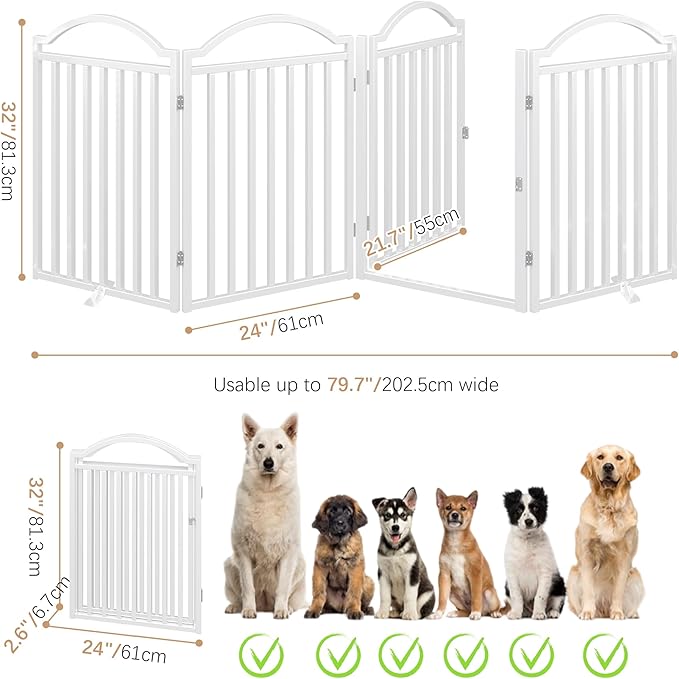 BHG Metal No-Assembly Freestanding Dog Gate with Door Walk Through, Extra Wide 96", Extra Tall 32" Pet Gate, Accordion Puppy Folding Playpen Dog Fence for Indoor & Outdoor, with 2PCS Support - White