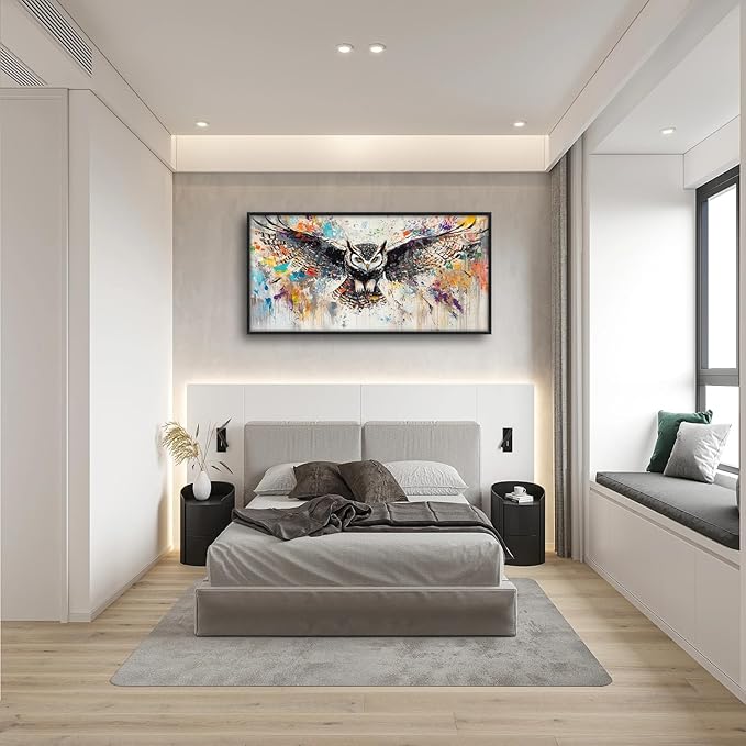 Large Owl Wall Art for Living Room, Framed Oversized Banksy Owl Wall Decor Colorful Wildlife Canvas Painting Animal Pictures Modern Artwork for Living Room Bathroom Bedroom Office Dining Room 60"x30"