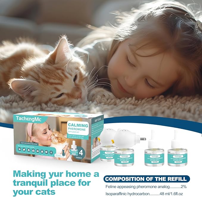 Cat Calming Diffuser, Cat Pheromones Calming Diffuser with 2 Diffuser + 4 Refill 48ml, 6-in-1 Cat Anxiety Relief Cat Pheromone Diffuser Kit 120 Days, Pheromone Diffuser to Calm Cats