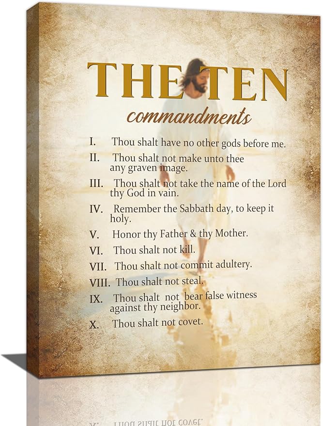 The Ten Commandments Christian Pictures Wall Art, Bible Verse Jesus Bathroom Wall Decor Religion Scripture Framed Painting Religious Canvas Artwork for Church Bedroom Living Room 16"L x 12"W