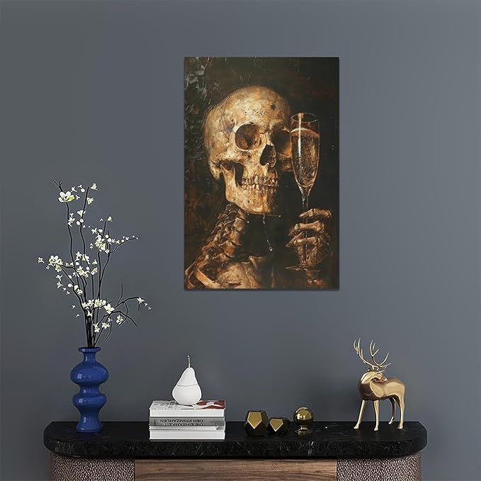 Quorin Gothic Skeleton Wall Art Goth Skull Champagne Wall Decor Dark Academia Pictures Horror Canvas Print Painting Artwork for Bathroom Living Room Bedroom 16"x24"
