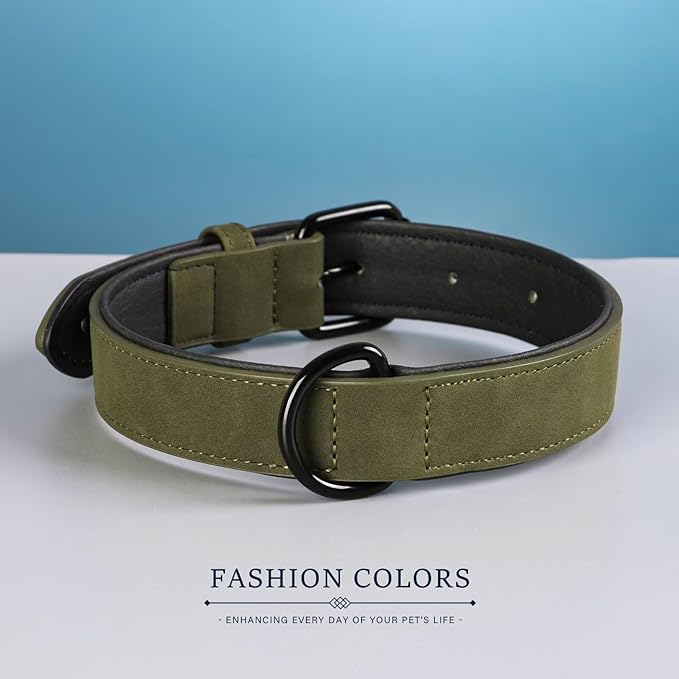 Didog Soft Padded PU Leather Dog Collar, Breathable and Adjustable Dog Collars for Medium Dogs, Comfortable for Daily Walk, Dark Green, L Fit Neck 13-17"(22-44 lbs)