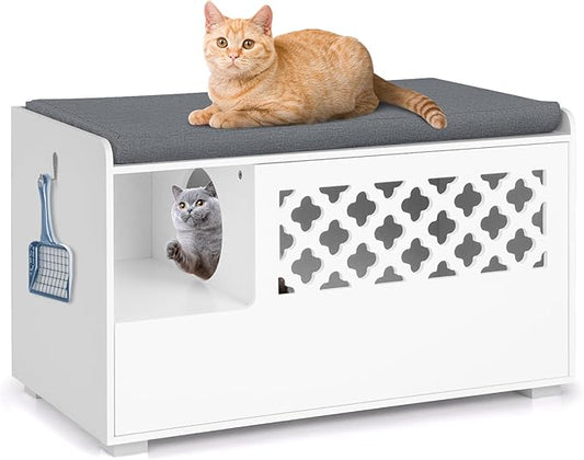 Tangkula Cat Litter Box Enclosure, Hidden Litter Box with Removable Cushion & Flip-Down Opening, Multifunctional Storage Cabinet Bench, Modern Litter Box Furniture Fits Most Litter Box (White)