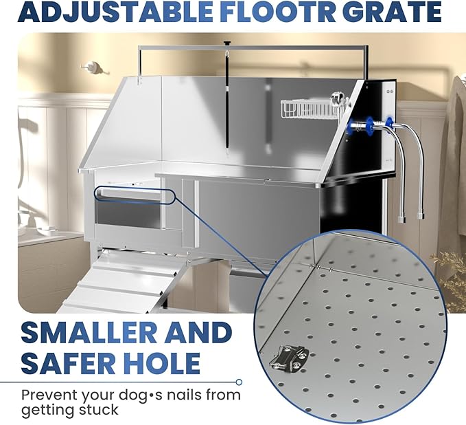 Professional 46" Dog Washing Station, Stainless Steel Dog Bathing Station, Height Adjustable Dog Wash Station, Storage Drawer, Upgrade Parts, Home, Commercial (Left Ramp)