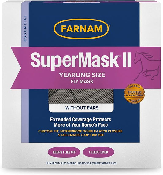 Farnam SuperMask II horse fly mask without ears, extended coverage, protects eyes from insects and debris, adjustable throat latch, Yearling size