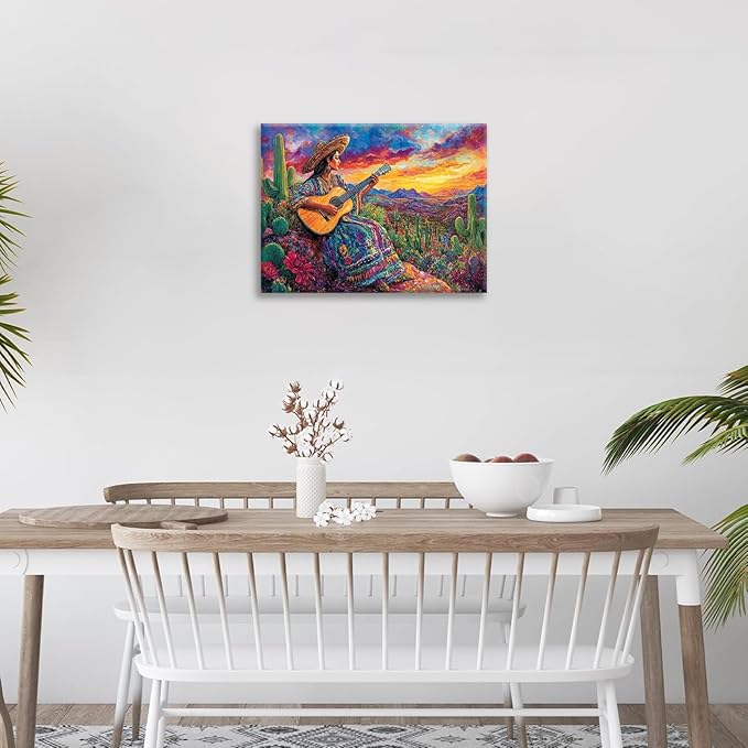 Mexican Women Pictures Wall Art, Cactus Landscape Bathroom Wall Decor, Nature Scenery Aesthetics Framed Painting Desert Modern Canvas Artwork for Bathroom Bedroom Living Room Decorations 24"L x 16"W