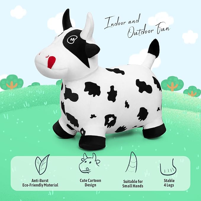 EVERICH TOY Bouncy Horse Cow Toys, Inflatable Bouncing Animal Hopping Toys, Outdoor Indoor Ride on Bouncer, Boys Girls Birthday Gift for 18 Month 2 3 4 5 6 Year Old Kid- Plush Cow Toy