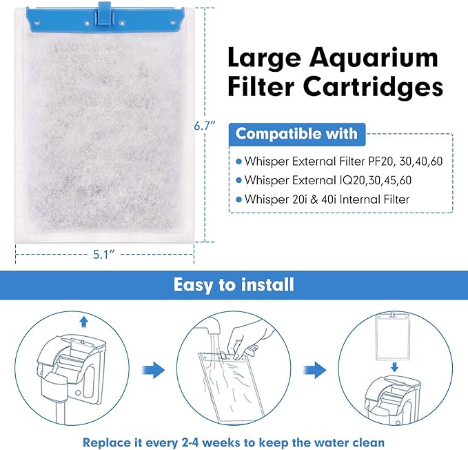 fishkeeper 6 Pack Large Filter Cartridges Compatible with Tetra Whisper Bio-Bag Filters Replacement Filter Cartridges for Whisper Power Filters 20i/40i /IQ20/30/45/60 PF20/30/40/60(Ready to Use)
