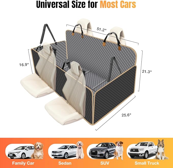 Dog Car Seat Cover for Back Seat, Dog Car Bed Cover with Strong Hard Bottom, Back Seat Extender Hammock for SUV Truck,4 Panels Gray Color