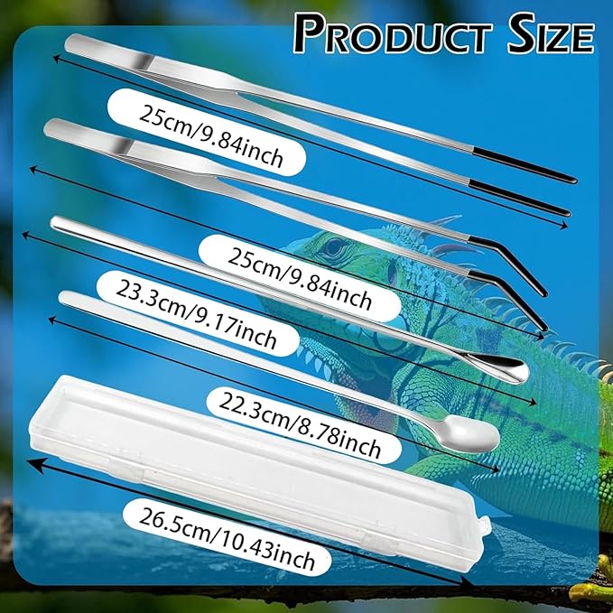 4PCS-Rubber Tip Feeding Tongs for Reptiles Extra Long Stainless Steel Reptile Feeding Tongs Terrarium Tools Feeder for Lizards Bearded Dragon Snake Enclosure Tank Accessories