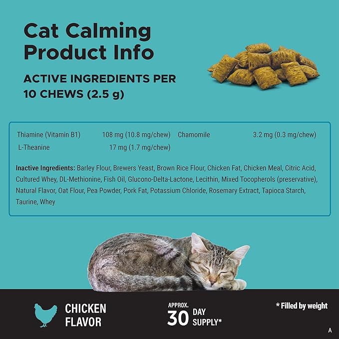 Calming Chews for Cats - Cat Anxiety Relief + Helps Reduce Stress - Behavioral Support & Promotes Relaxation for Travel, Boarding, Vet Visits, Separation Anxiety - Chicken (30-Day Supply)