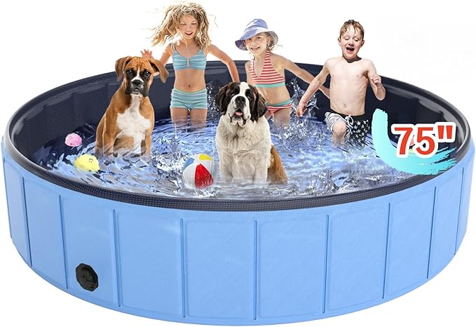Oversize Dog Pool 75"x 16", Hyperzoo Foldable Dog Swimming Pool, Hard Plastic PVC Leakproof Doggie Wading Collapsible Pet Bathing Tub for Puppy Small Medium Large Dogs and Kids, Blue