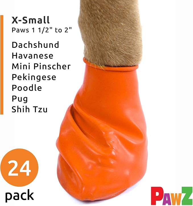 PawZ Rubber Dog Boots for Paws up to 2", 24 Total (2 Packs of 12) - All-Weather Dog Booties for Hot Pavement, Snow, Mud, and Rain - Waterproof, Anti Slip Dog Socks - X-Small, Orange