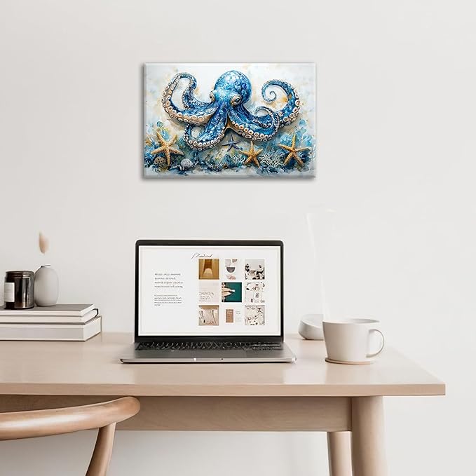 Octopus Bathroom Pictures Wall Art, Sea Animal Ocean Bathroom Wall Decor, Nautical Framed Painting Canvas Artwork for Bedroom Living Room Decorations 24"L x 16"W