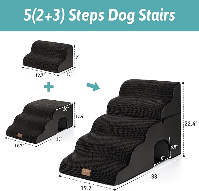 Extra Wide Dog Stairs with Tunnel, Detachable Large Pet Step for Small Medium Dog, Puppy or Cat, Ramp for High Bed, Couch, Sofa or Car, Stable, 19.7x33x22.4 inch, 5 Step, Black