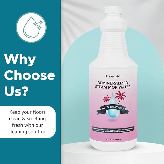 Steam & Go Deminerilized Water - Multi-Surface Cleaner for Steam Cleaners, Hardwood Floors, Kitchens, & Bathrooms - Germ-Killing Formula - Hotel California Scent - 32 Ounces (Pack of 12)