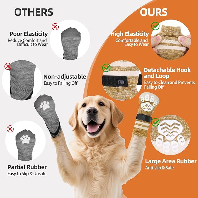 PUPTECK Non-Slip Dog Socks to Prevent Licking Paws, Double Sides Dog Boots & Paw Protectors Booties Traction on Hardwood Floors Hot Pavement with Grippers, for Small Medium Large Senior Dogs, Khaki L
