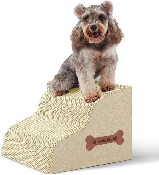 Dog Stairs for Small Dogs and Cats, 2 Steps Pet Stairs to Get on Couch Sofa and Chair, Indoor Non-Slip Balanced Portable Pet Step, High-Density Foam Ramp with Removable Washable Cover, Beige（11.8" H）