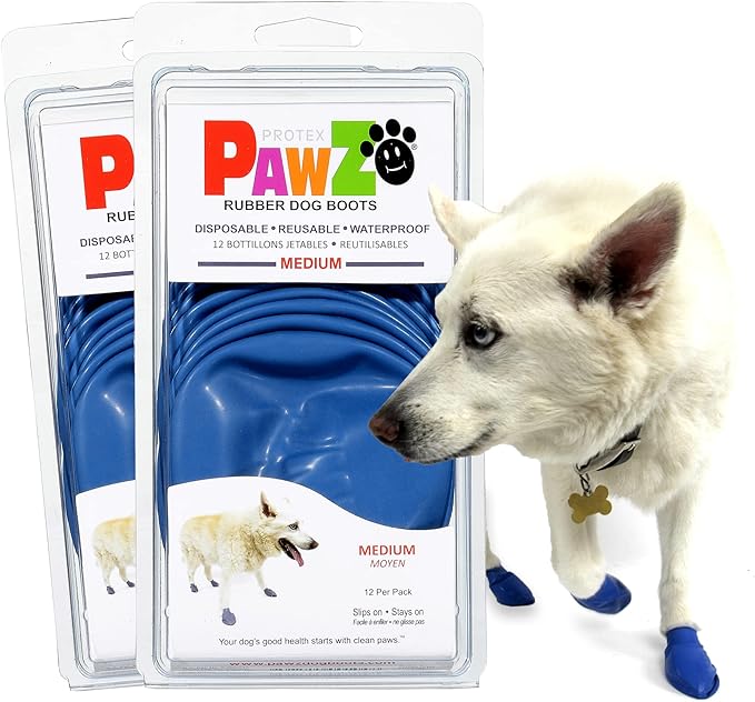 PawZ Rubber Dog Boots for Paws up to 3", 24 Total (2 Packs of 12) - All-Weather Dog Booties for Hot Pavement, Snow, Mud, and Rain - Waterproof, Anti Slip Dog Socks - Medium, Blue