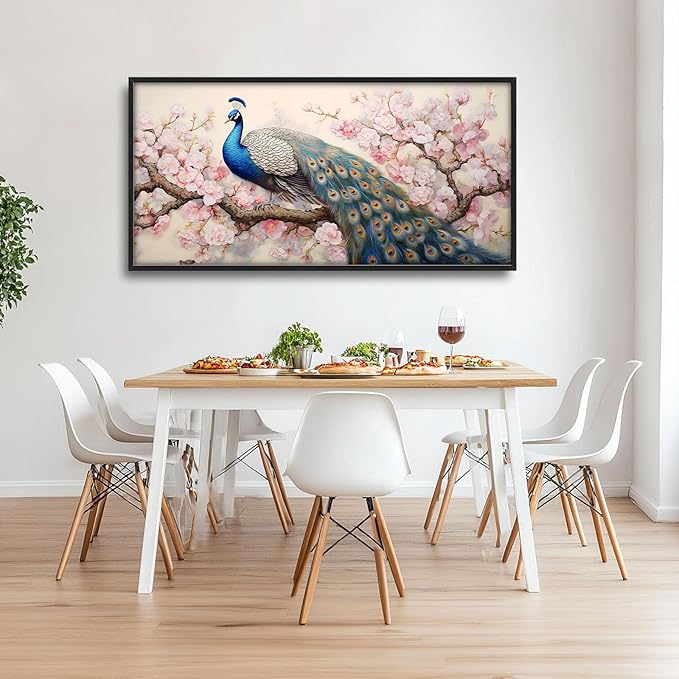 Quorin Peacock Large Wall Art Elegant Peacock Pictures Wall Decor Pink Flower Tree Canvas Print Painting Artwork for Bathroom Living Room Bedroom 60L x 30W
