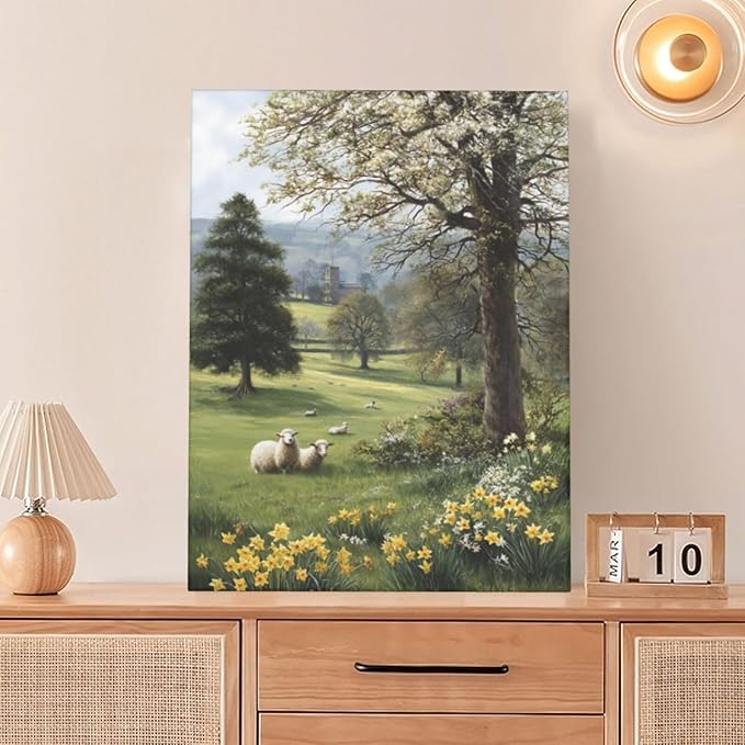 Country Sheep Canvas Wall Decor Farmhouse Rustic Lamb Wildflower Wall Art Nature Countryside Landscape Pictures Painting Print Framed Artwork Decorations for Bathroom Living Room Bedroom 12"x16"