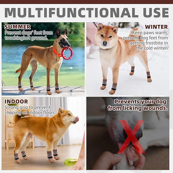 KOOLTAIL Dog Socks to Prevent Licking Paws for Hardwood Floors Anti Slip, Winter Warm Pet Boots&Paw Protector with Grippers, Double Sides Dog Shoes Booties for Small Medium Large Senior Dogs Khaki XL