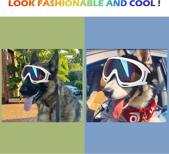 Large Dog Sunglasses With Adjustable Strap UV Protection, Windproof Puppy Eyewear, Suitable for Medium-Large Pets, Eyes Protection, Soft Goggles (White Frame)