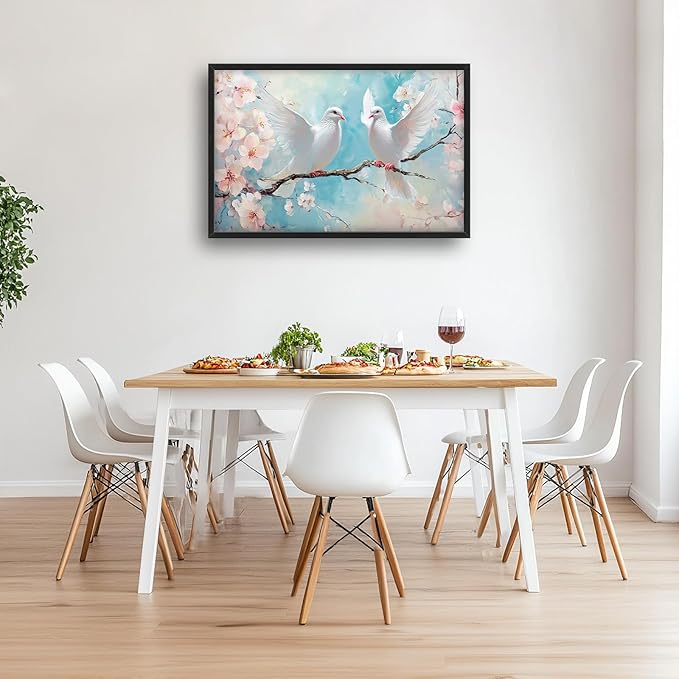 Large White Dove Flower Wall Art for Living Room, Framed Oversized Pigeon Cherry Blossom Wall Decor Nature Canvas Painting Modern Artwork for Living Room Bathroom Bedroom Office Dining Room 36"x24"