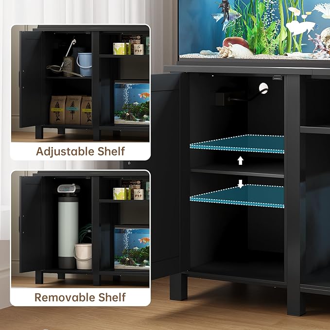 Aquarium Stand with Power Outlets, 55-75 Gallon Heavy Duty Fish Tank Stand with Cabinet Storage & Adjustable Shelf, for Fish Tank, Turtle Tank, Reptile Terrarium, 1000LBS Capacity, Black