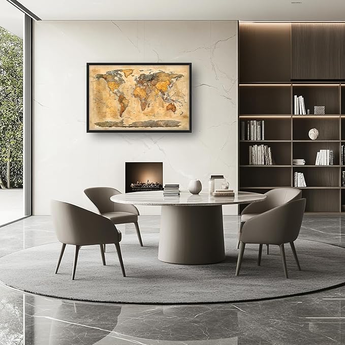 Extra Large World Map Framed Wall Art for Living Room,Oversized Vintage Map of The World Pictures Wall Decor,Canvas Print Painting Modern Artwork Bedroom Office Bathroom 36L" x 24W"