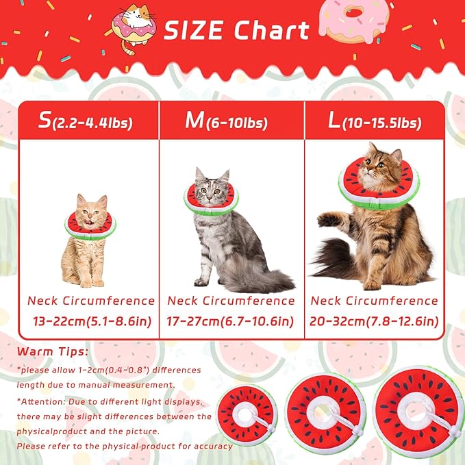 Cat Cone Collar Soft, Adjustable Cat Recovery Collars Kitten Cones to Stop Licking, Cute Donut E Collar After Surgery, Wound Healing Elizabethan Collar for Kittens (Watermelon, Large)