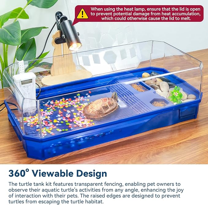 Aquatic Turtle Tank Habitat Kit Stone+Filter+Heat Lamp Enhancing Interaction with 360° Viewing, Standalone Filtration, DIY Creative Zone, Enriched Living (Blue, X-Large[with Light])