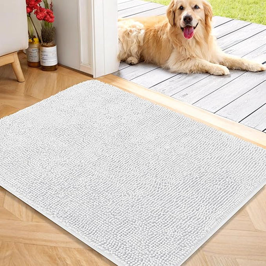 OLANLY Dog Door Mat for Muddy Paws 40x32, Absorbs Moisture and Dirt, Absorbent Non-Slip Washable Doormat, Quick Dry Chenille Mud Mat for Dogs, Entry Indoor Entryway Carpet for Inside Floor, White