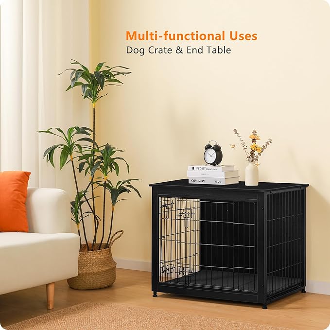 DWANTON Dog Crate Furniture with Cushion, Wooden Kennel Table with Double Doors, Indoor Dog House, Medium Size, 32.5" L, Black