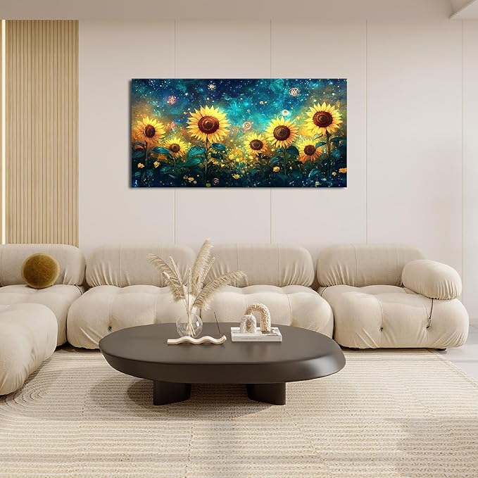 Quorin Sunflower Large Wall Art Starry Night Sky Pictures Sunflower Fields Wall Decor Canvas Print Painting Artwork for Bathroom Living Room Bedroom 30"x60"