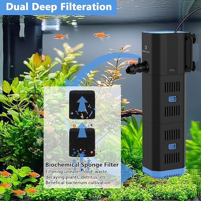Aquarium Filter for 40-170 Gallon Tank，265GPH Fish Tank Filter 16W Green Clean Machine Submersible Pump Filter for Green Water and Algae Clean,Submersible Internal Filter for Saltwater Freshwater